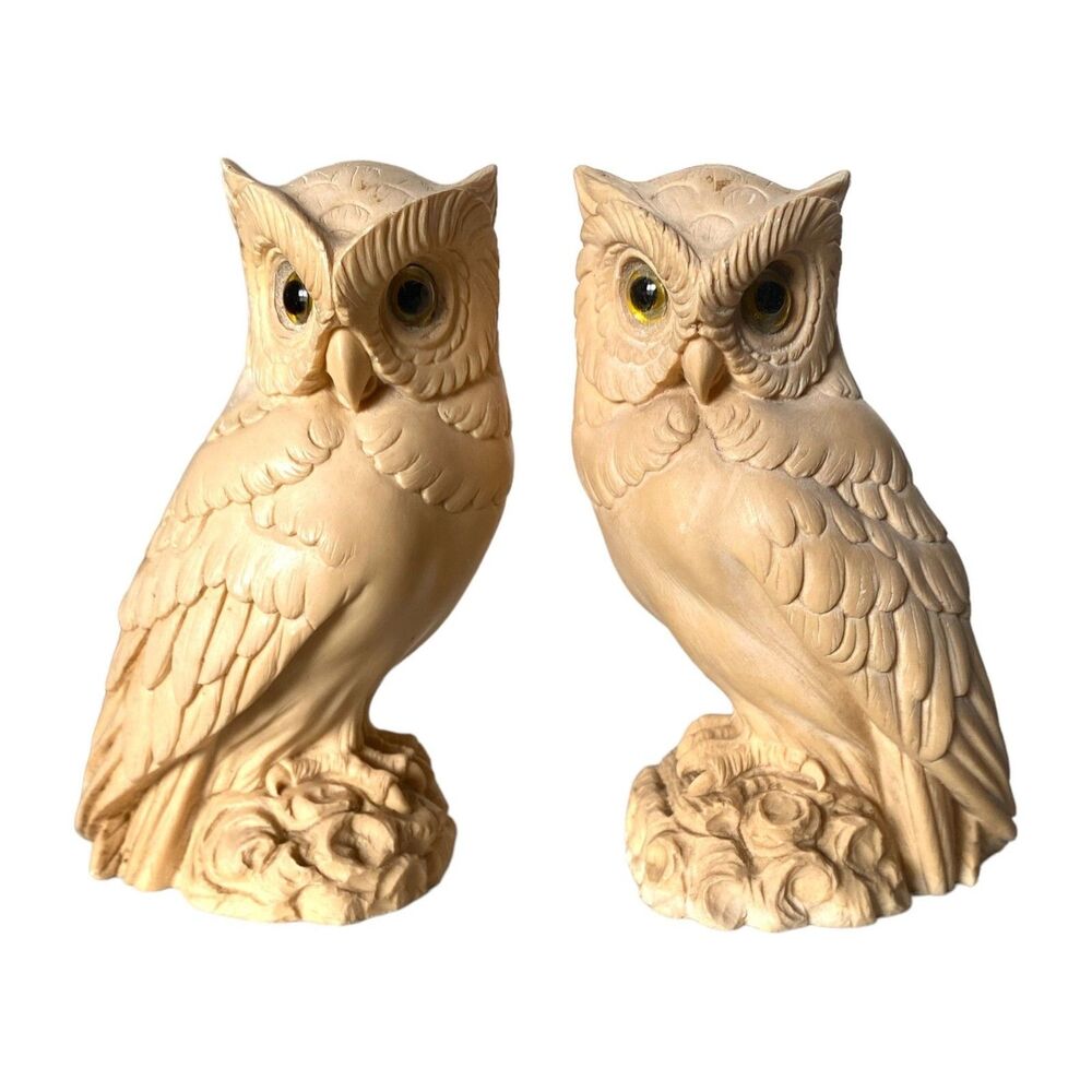 Alabaster Owl Figurine Bookends A. Giannelli Golden Crown 1888 E&R Italy Vintage
